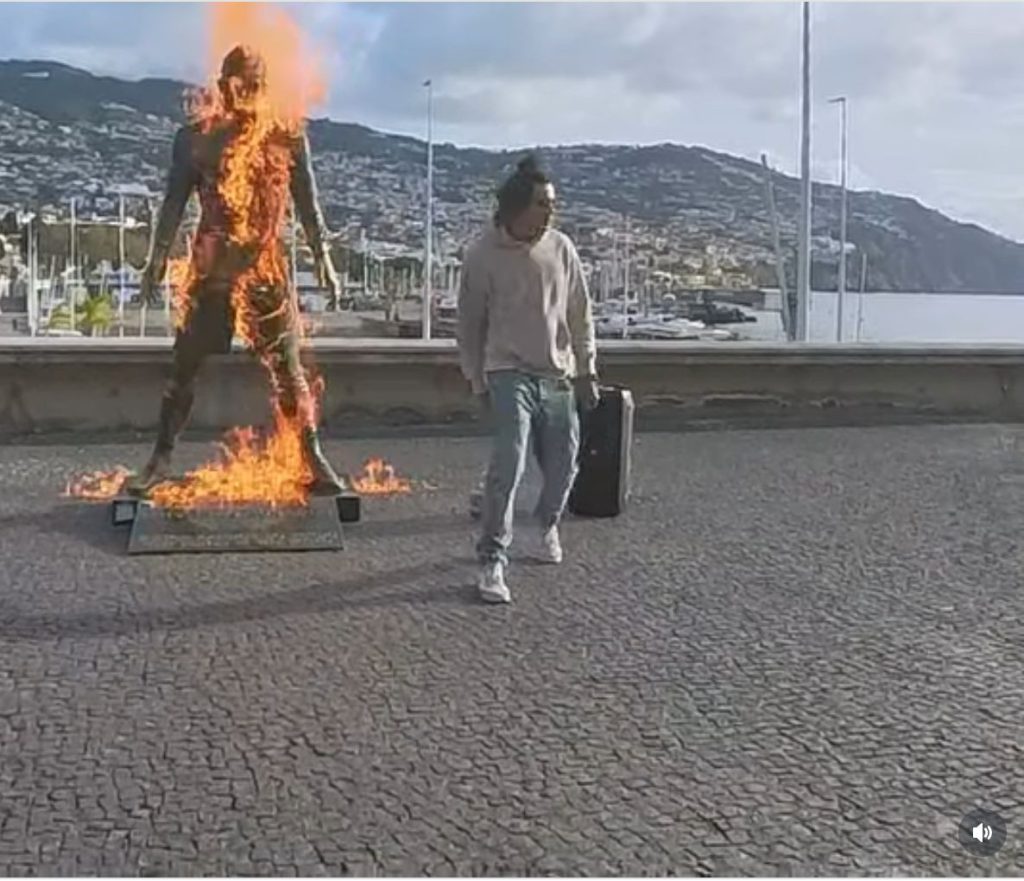 Police hunt Serial Troublemaker for setting  Cristiano Ronaldo statue on fire