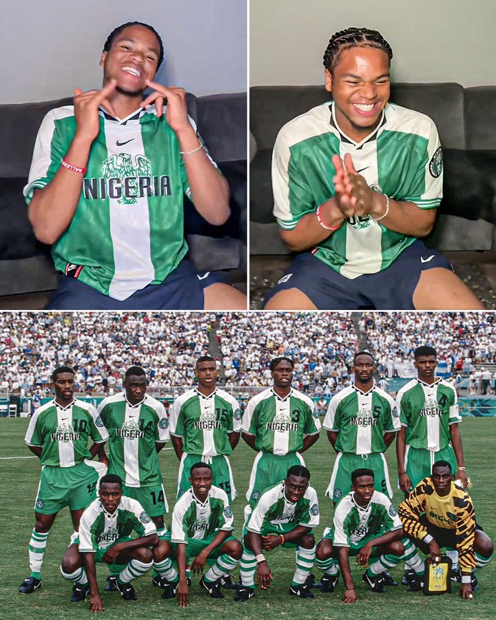Rio Ngumoha wearing Nigeria’s iconic 1996 jersey